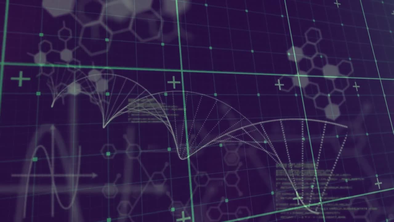 Grid network and data processing over dna and chemical structures against purple background