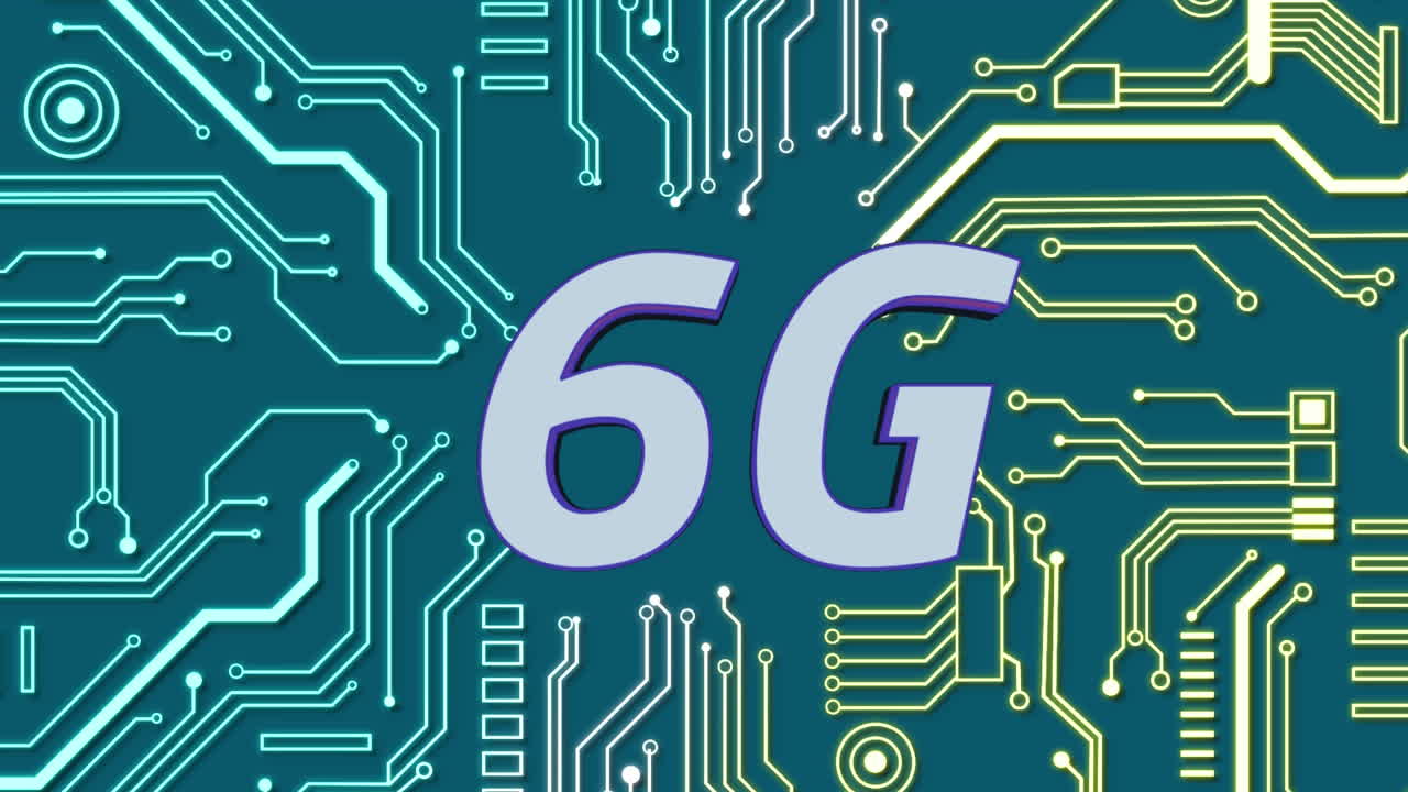 animación de texto de 6g sobre elementos de una placa de circuitos de computadora sobre un fondo azul