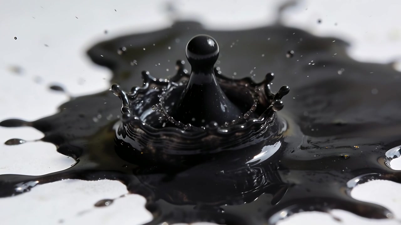 Mahkota hitam kental terbentuk saat tetesan jatuh menyentuh genangan dangkal di permukaan putih, dengan semburan air naik