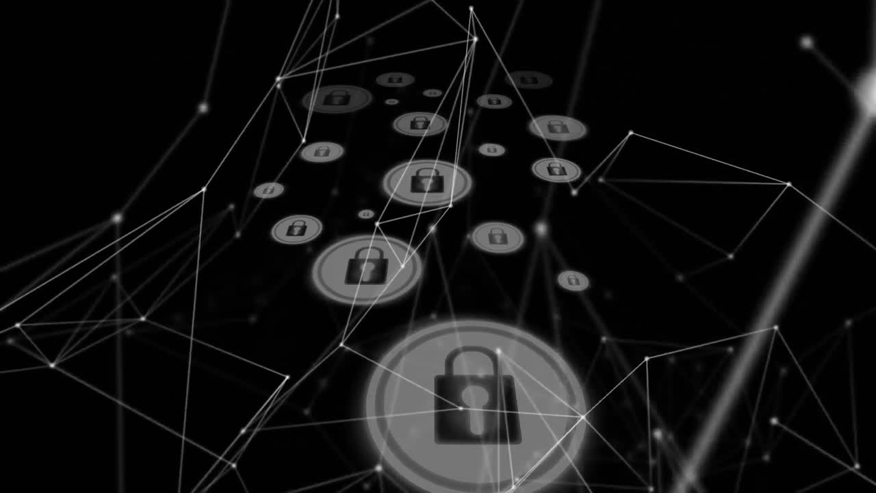 Digital animation of network of connections over multiple security padlock icons on black background