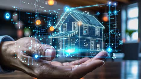 futuristic smart home technology hologram on human hand