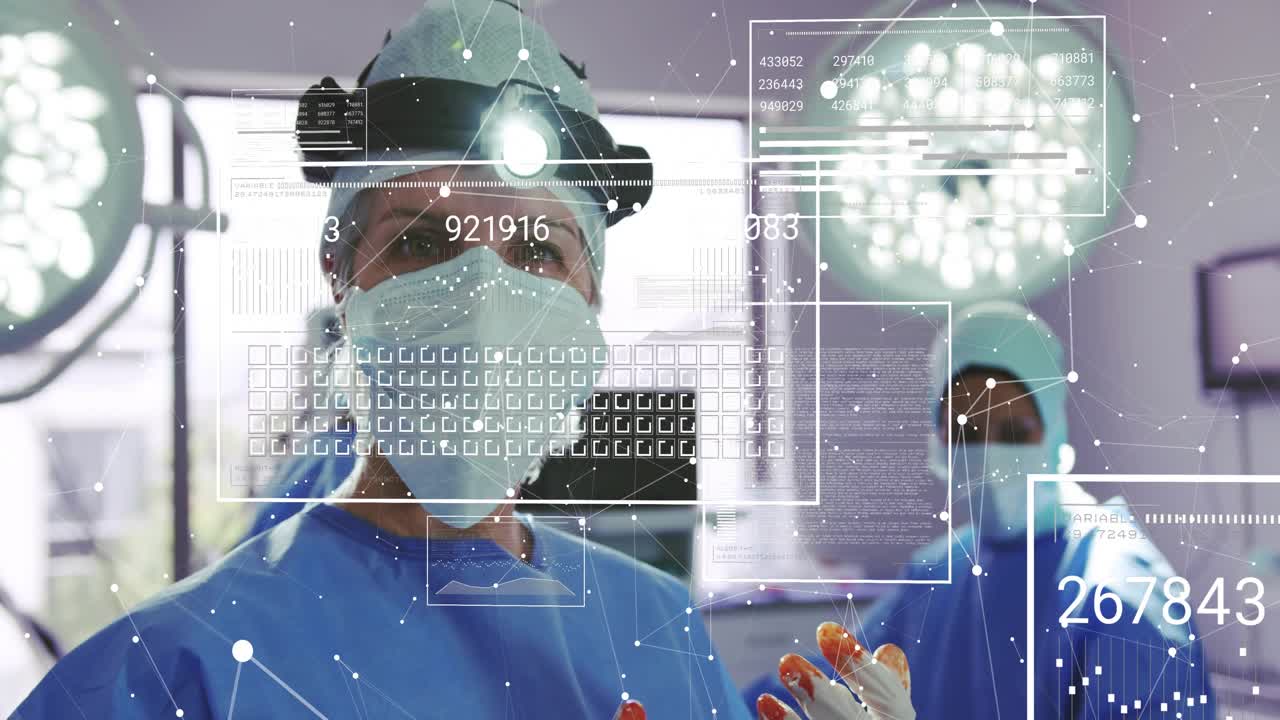 Lead surgeon raising gloved hands toward camera activating holographic grids for health monitoring