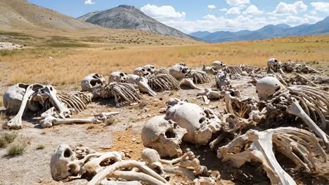 un gran grupo de esqueletos tendidos en el suelo en un campo