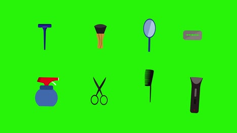 herramientas de barbería elementos planos animación en pantalla verde tecla de croma