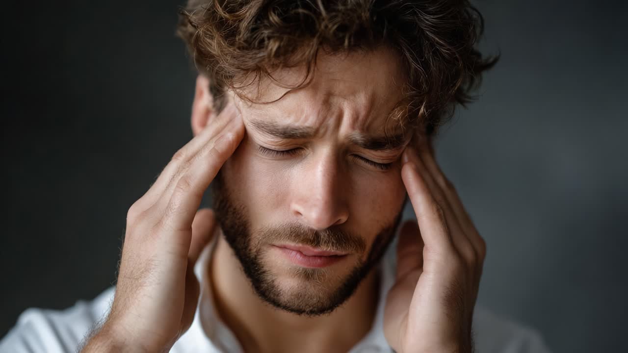 A Young Man Struggling with Intense Head Pain: An Emotional Journey of Suffering and Determination in Capturing the Essence of Personal Discomfort and Resilience