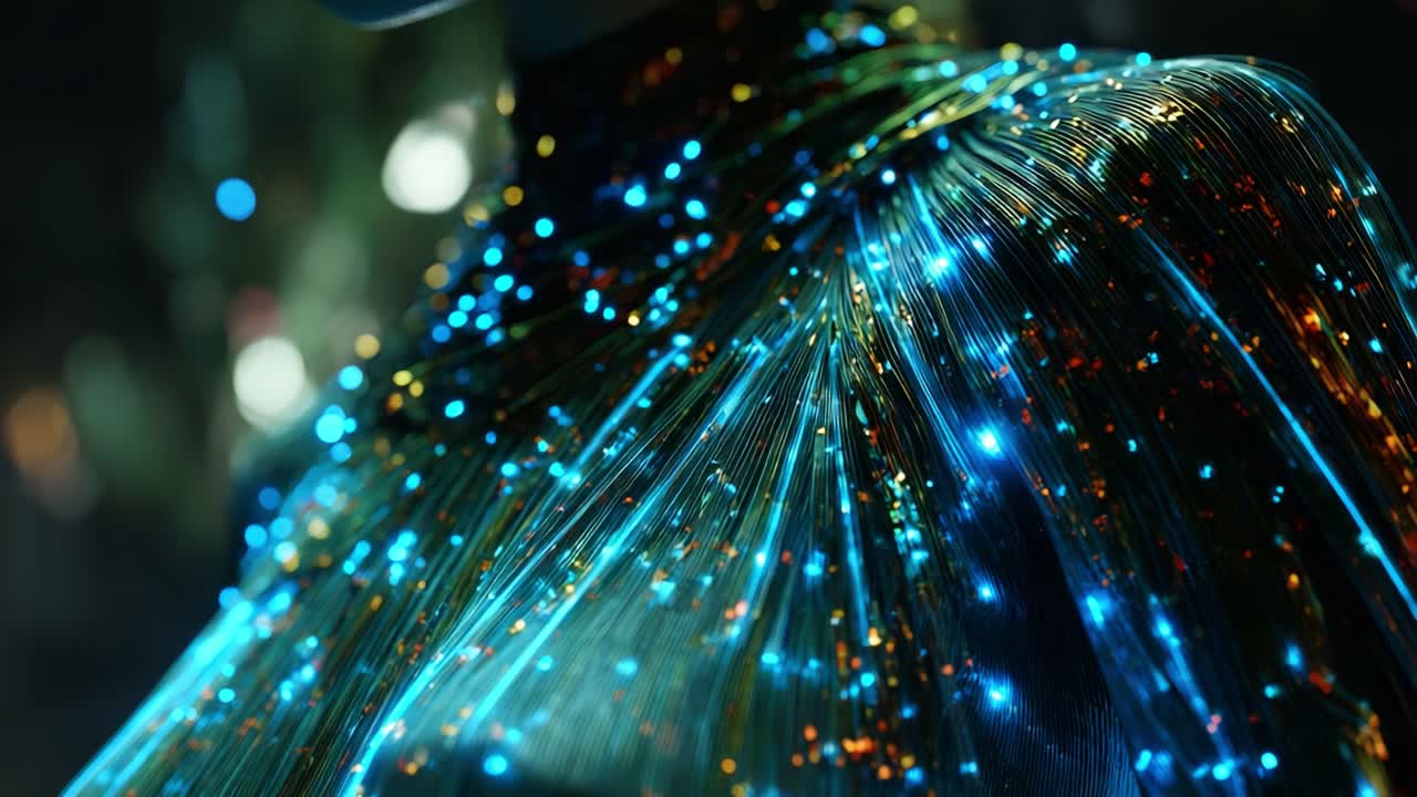 A Captivating Display of Light and Texture: An Up-Close View of a Radiant Garment Adorned with Multicolored LED-Like Sparkles in a Nighttime Setting