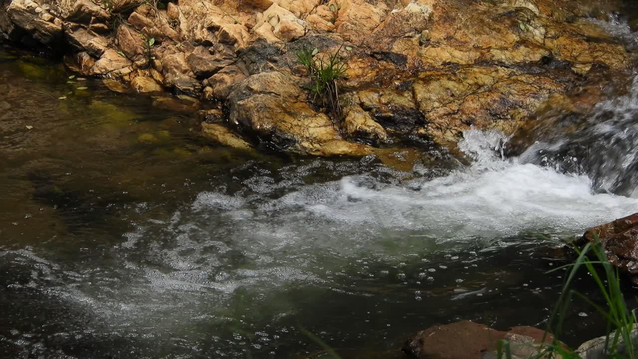 cascada de montaña fresca y cristalina agua de río de cocodrilo que brilla y fluye sobre rocas y guijarros en el fondo en los jardines botánicos nacionales walter sisulu en roodepoort, sudáfrica