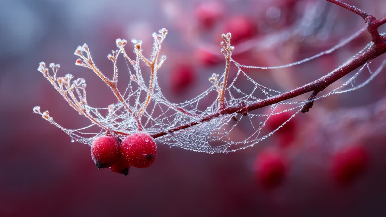 Vibrant Red Berries Captured in a Frosty Scene, Adorned with Delicate Webs and Droplets of Ice, Showcasing the Beauty of Fall and Nature's Intricate Patterns in a Cold Atmosphere