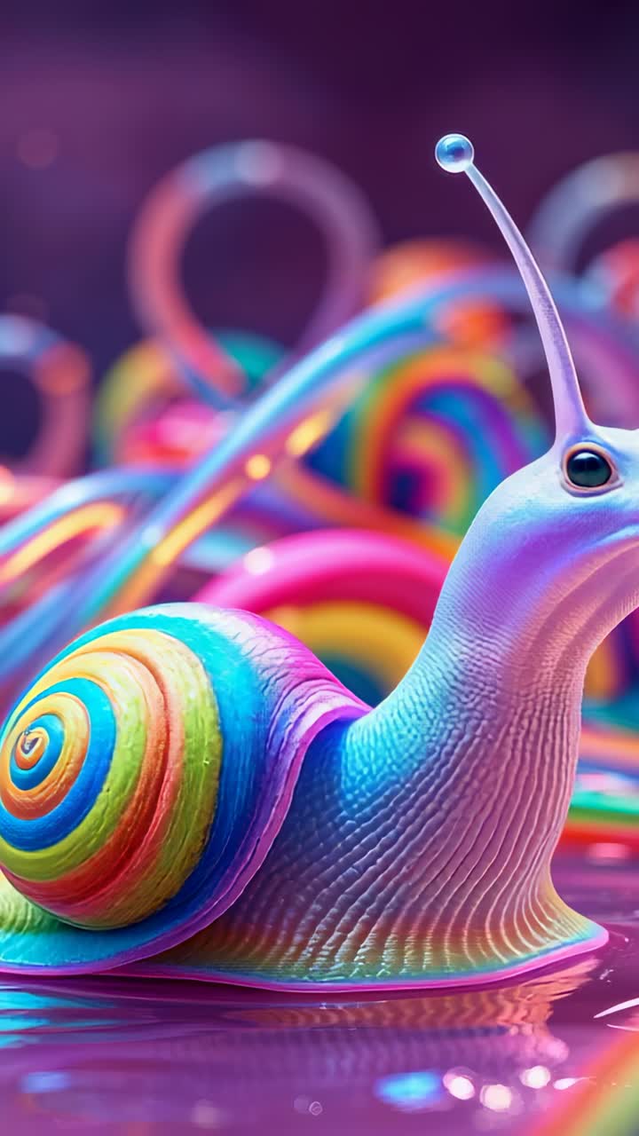 Vertical video: Emerging rainbow-shell snail gliding on glossy platform, exploring pastel spirals