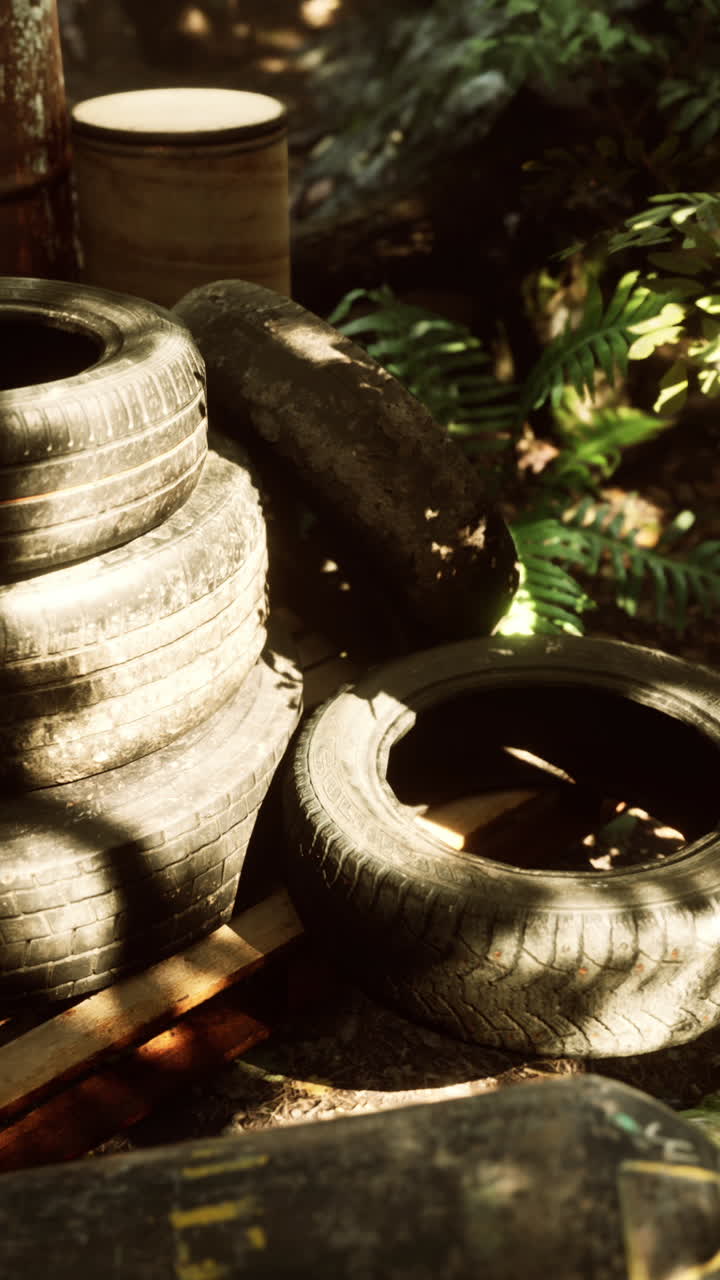 una pila de neumáticos viejos en el bosque.