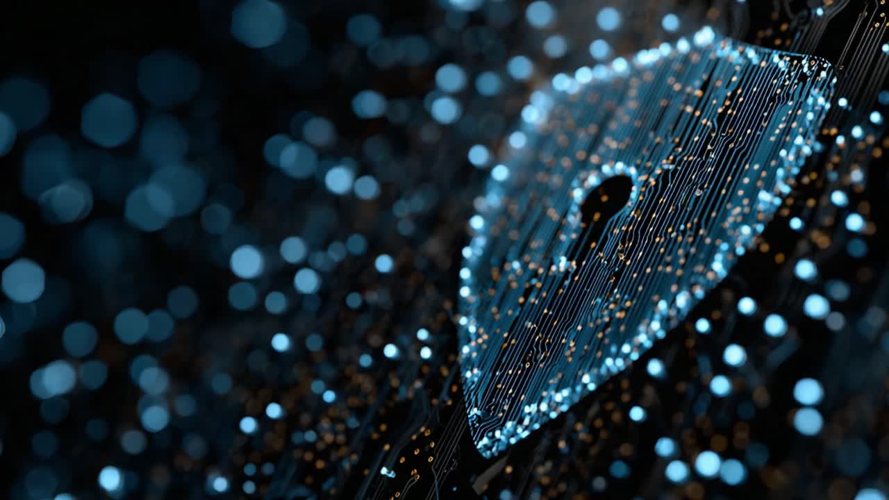 Digitale Sicherheit erforschen: Eine Nahaufnahme eines Schlosses, umgeben von verschwommenen Lichtern und Schaltkreismustern, die Cyberschutz und Datensicherheit darstellen