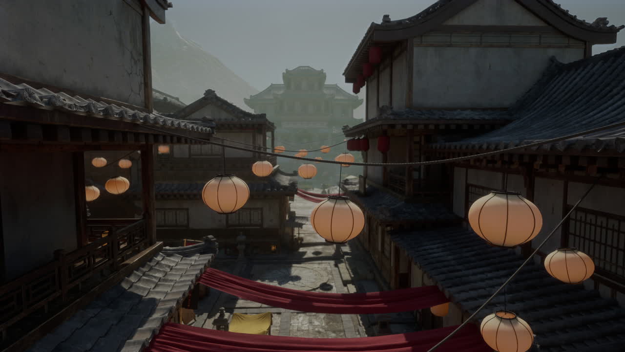 calle de un pueblo japonés con linternas