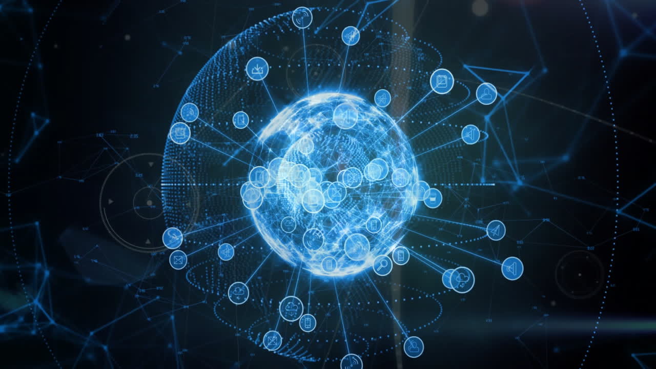 Animation of globe of connections with icons on black background