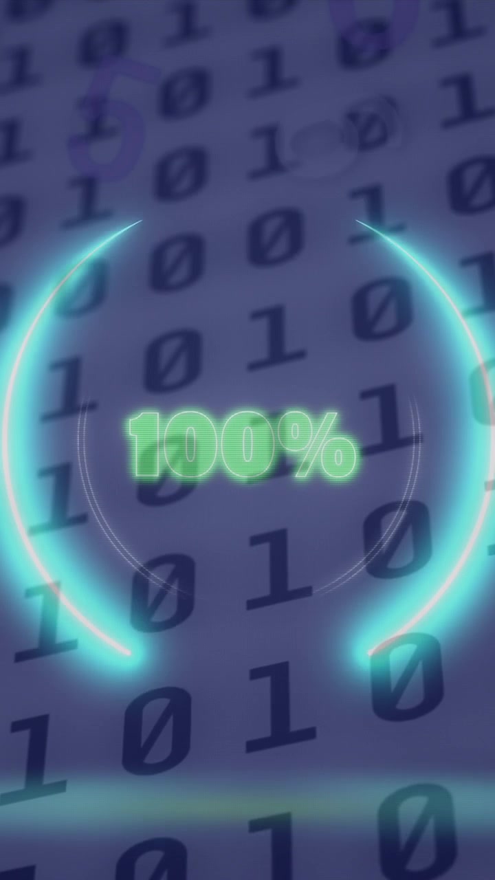 Animazione di un cerchio al neon con il 100 per cento su codice binario