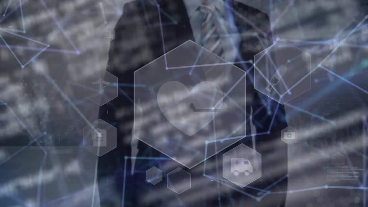 화면을 사용하여 코카시안 사업가에 대한 의료 아이콘과의 연결 네트워크의 애니메이션