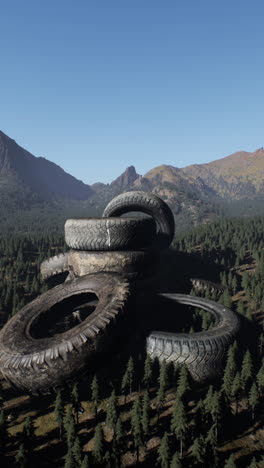 a pile of tires in a forest