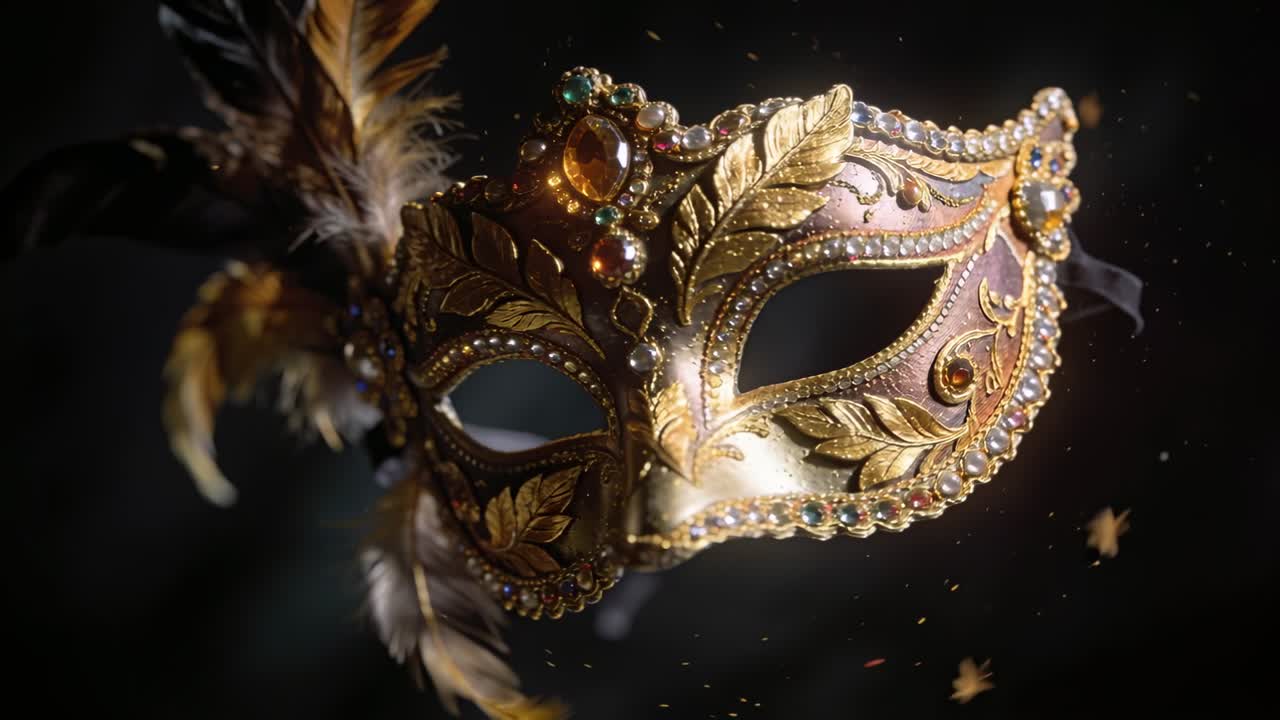 Maschera di carnevale ornata che ruota dopo essere stata spinta da una leggera corrente d'aria in uno studio buio, rivelando gemme.