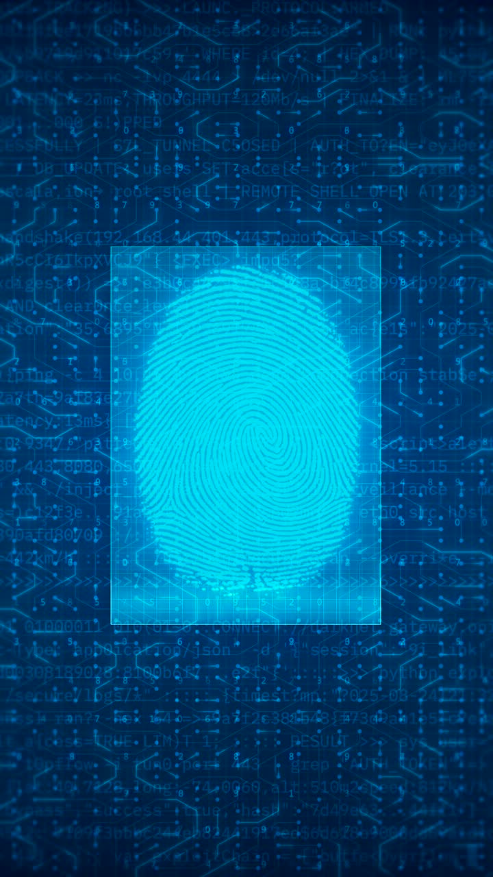 Digital Fingerprint Biometric Scanning Interface on Blue Cybersecurity Technology Background