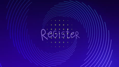 animation of register text, blue lines spinning on dark blue patterned background