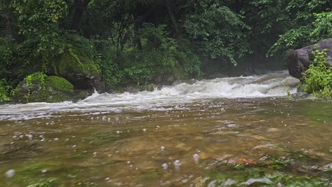 Tiefblick-Auf-Den-Reißenden-Bergwaldbach-Mit-Schnell-Fließendem-Wasser,-Das-An-Stromschnellen-Vorbeizieht