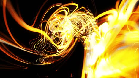 el flujo de partículas forma líneas amarillas rizadas como senderos de luz brillante o rayas, las líneas forman un patrón giratorio como ruido de rizado. animación 3d abstracta como brillante creativa festiva bg. líneas rápidas de luz