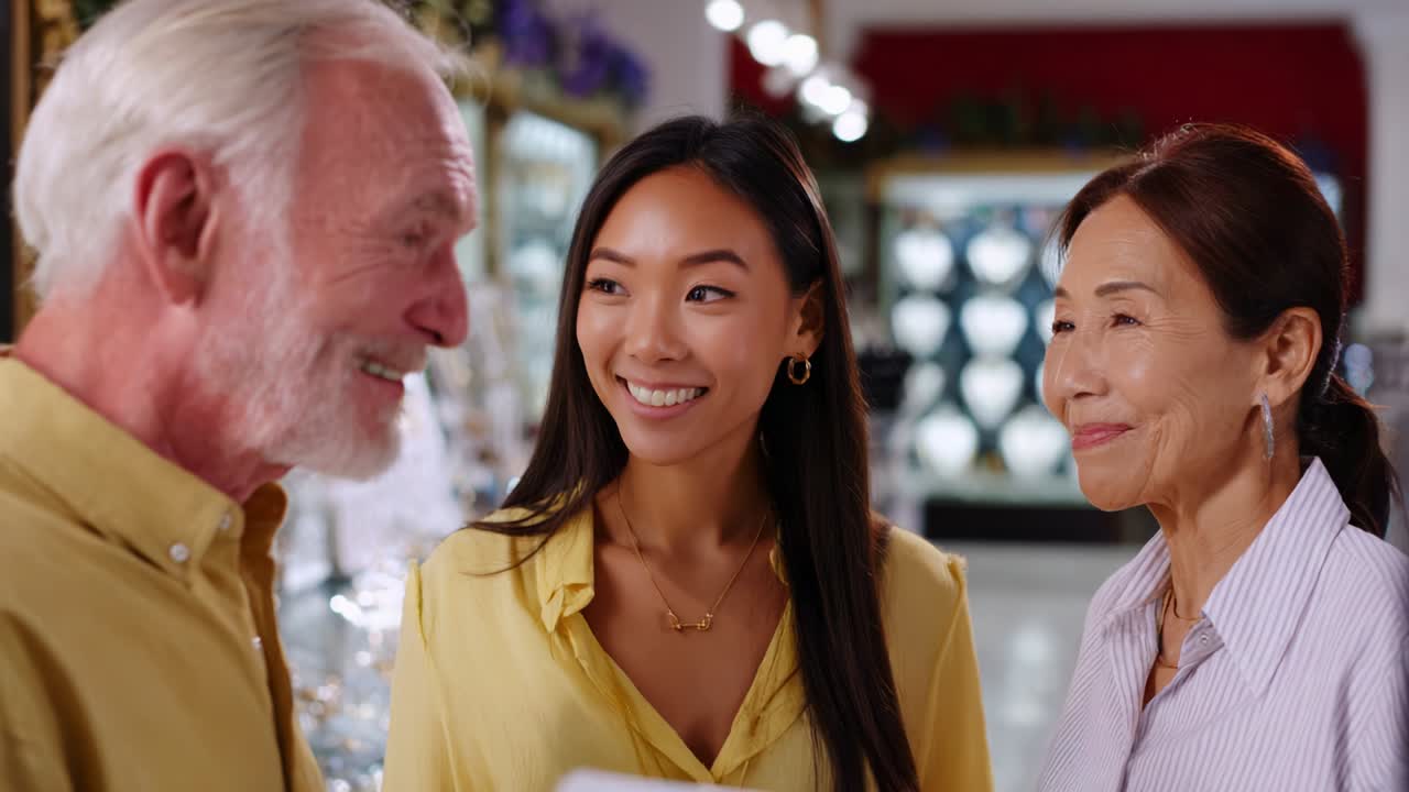 A joyful interaction unfolds in a charming jewelry store as an older man, a vibrant young woman, and a gracious older woman share smiles and heartwarming conversation amidst sparkling treasures
