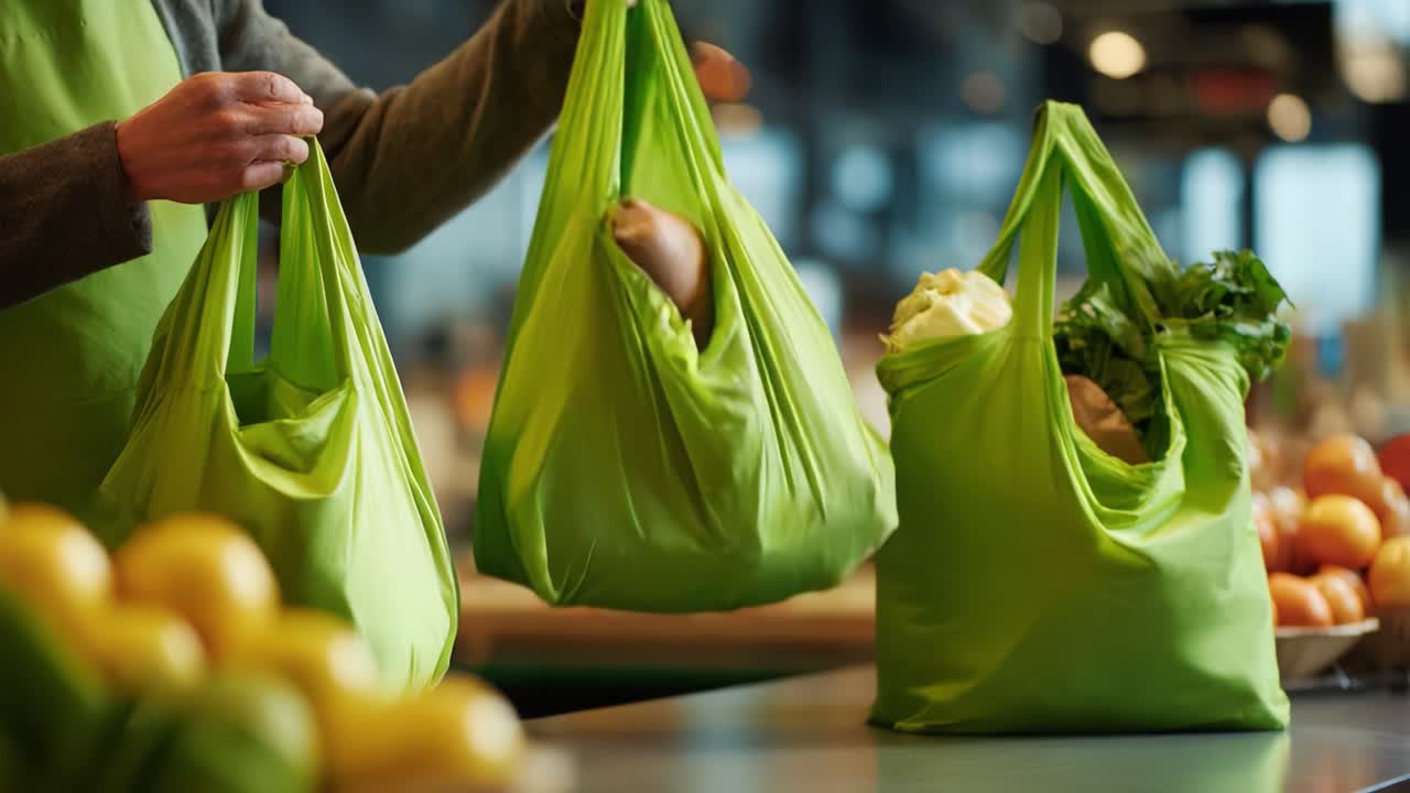 A Person Collecting Fresh Produce: Environmentally Friendly Green Bags Hold Healthy Fruits and Vegetables at a Marketplace, Showcasing Sustainable Shopping Practices and Healthy Living Choices