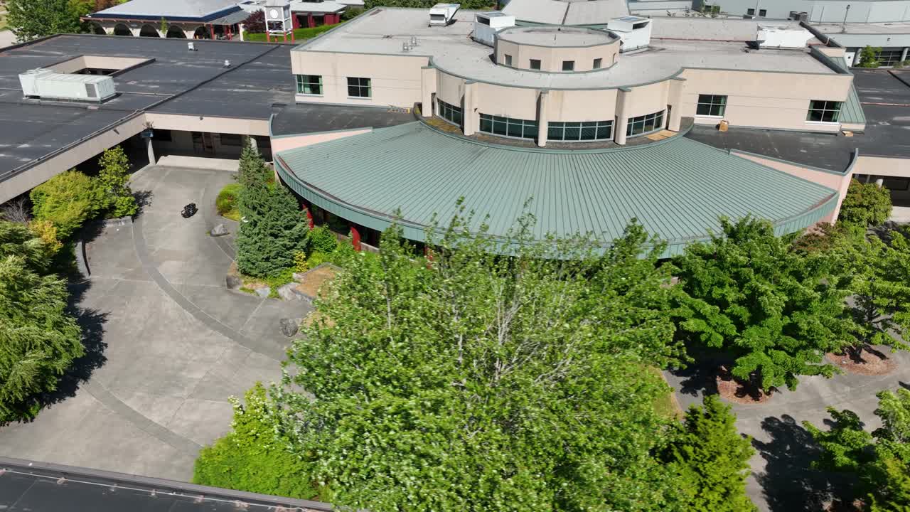 Drone shot of the South Seattle College's unique library courtyard