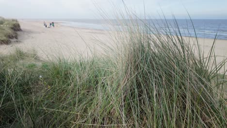 escena de dunas de arena con la familia jugando en el fondo de la playa costera inglesa