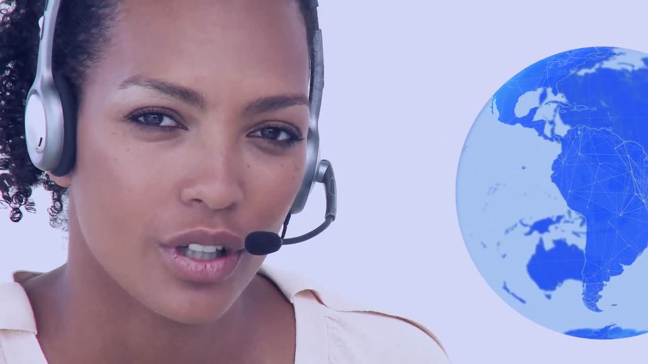 Animation of globe with network of connections over businesswoman using phone headset