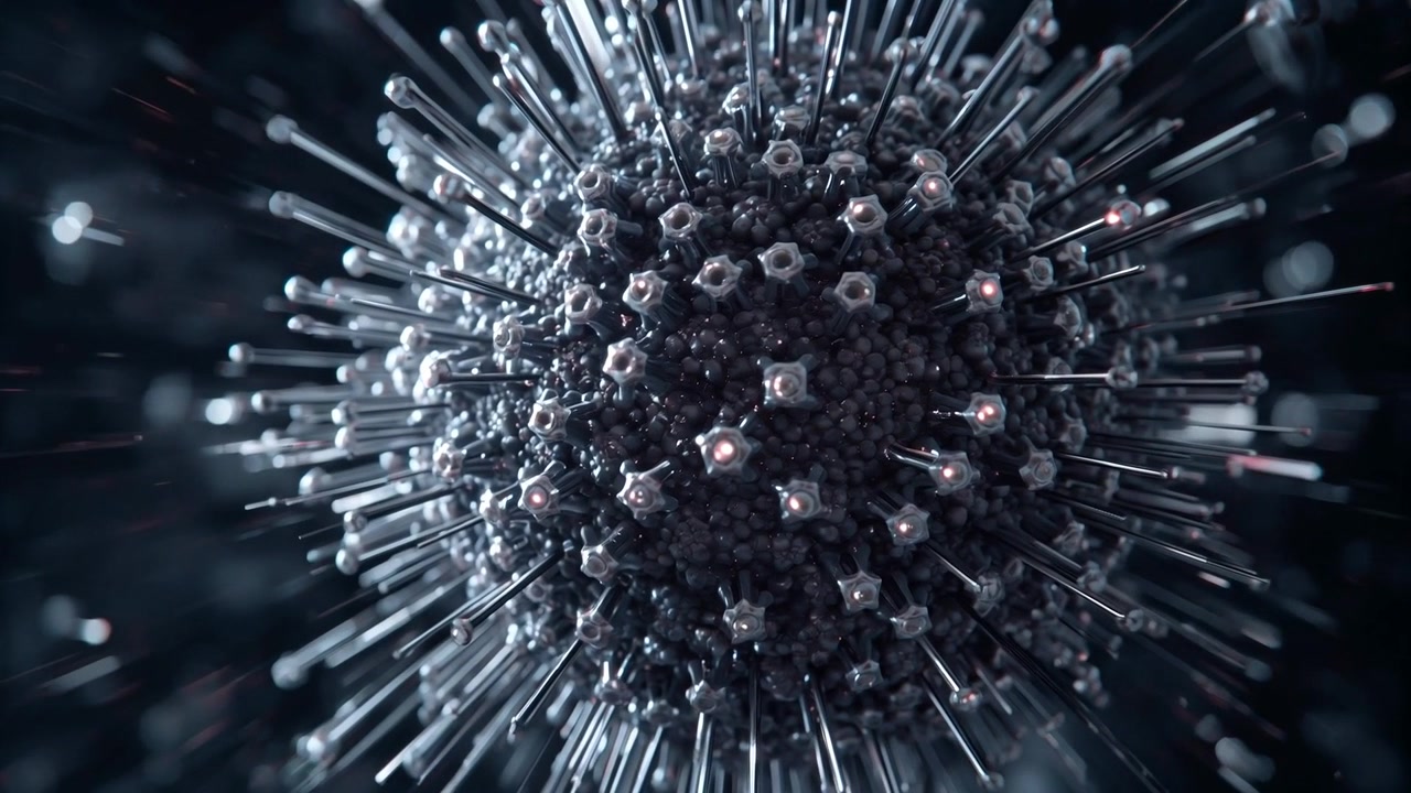 Advancing camera revealing studio metal spiky sphere, hex modules rotating and pulsing pink nodes