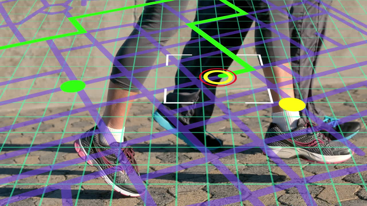 esquema de línea de navegación del mapa contra la sección baja de una pareja que corre al aire libre