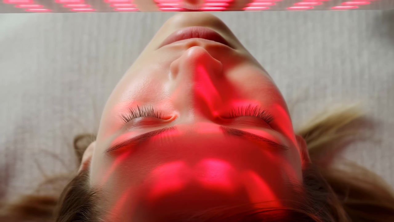 Close-up de uma mulher adulta deitada de costas com os olhos fechados, seu rosto centralizado de cabeça para baixo no enquadramento e atravessado por padrões de luz vermelha brilhante contra um fundo