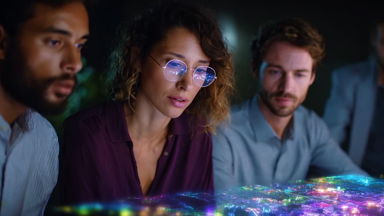 A Group of Professionals Analyzing Data on a Screen with Vibrant Visualizations, Capturing Their Concentration and Collaborative Engagement in a High-Tech Environment