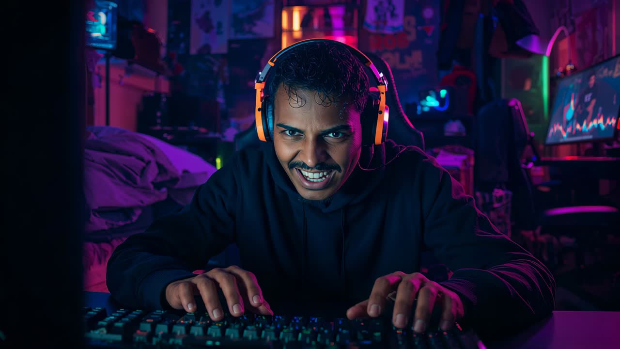 Reacting to sudden in-game event gamer typing on keyboard in bedroom gaming setup, with neon glow