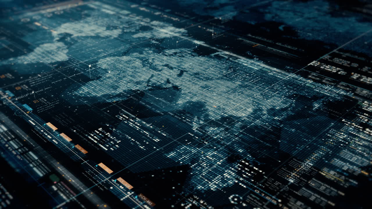 interfaz de usuario gráfica de movimiento futurista pantalla de visualización frontal con continentes terrestres holográficos y visualización de información de telemetría de datos digitales para pantalla de visualización de escritorio de computadora de fondo digital