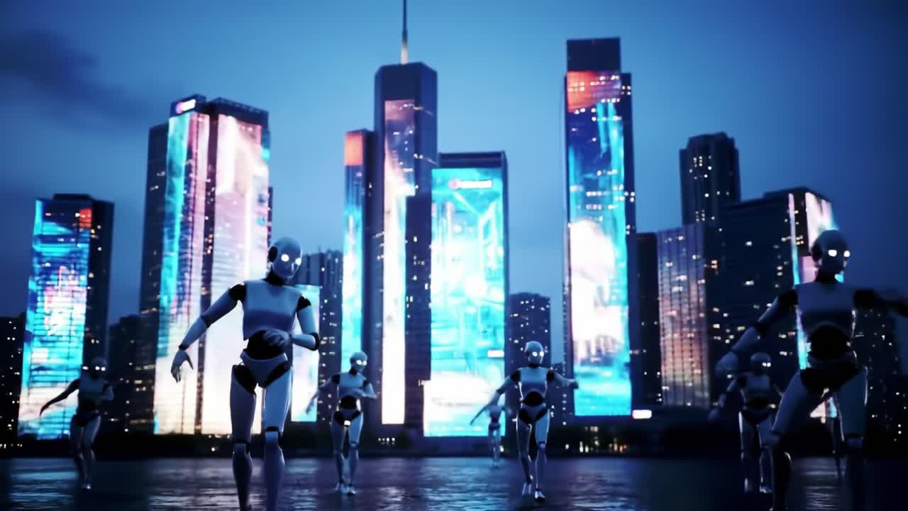 Groups of humanoid robots walk along the waterfront at night, surrounded by a vibrant city filled with illuminated skyscrapers and digital displays showcasing futuristic designs.