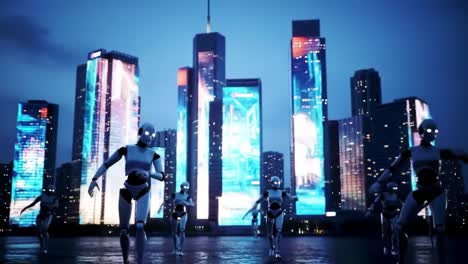groups of humanoid robots walk along the waterfront at night, surrounded by a vibrant city filled with illuminated skyscrapers and digital displays showcasing futuristic designs.