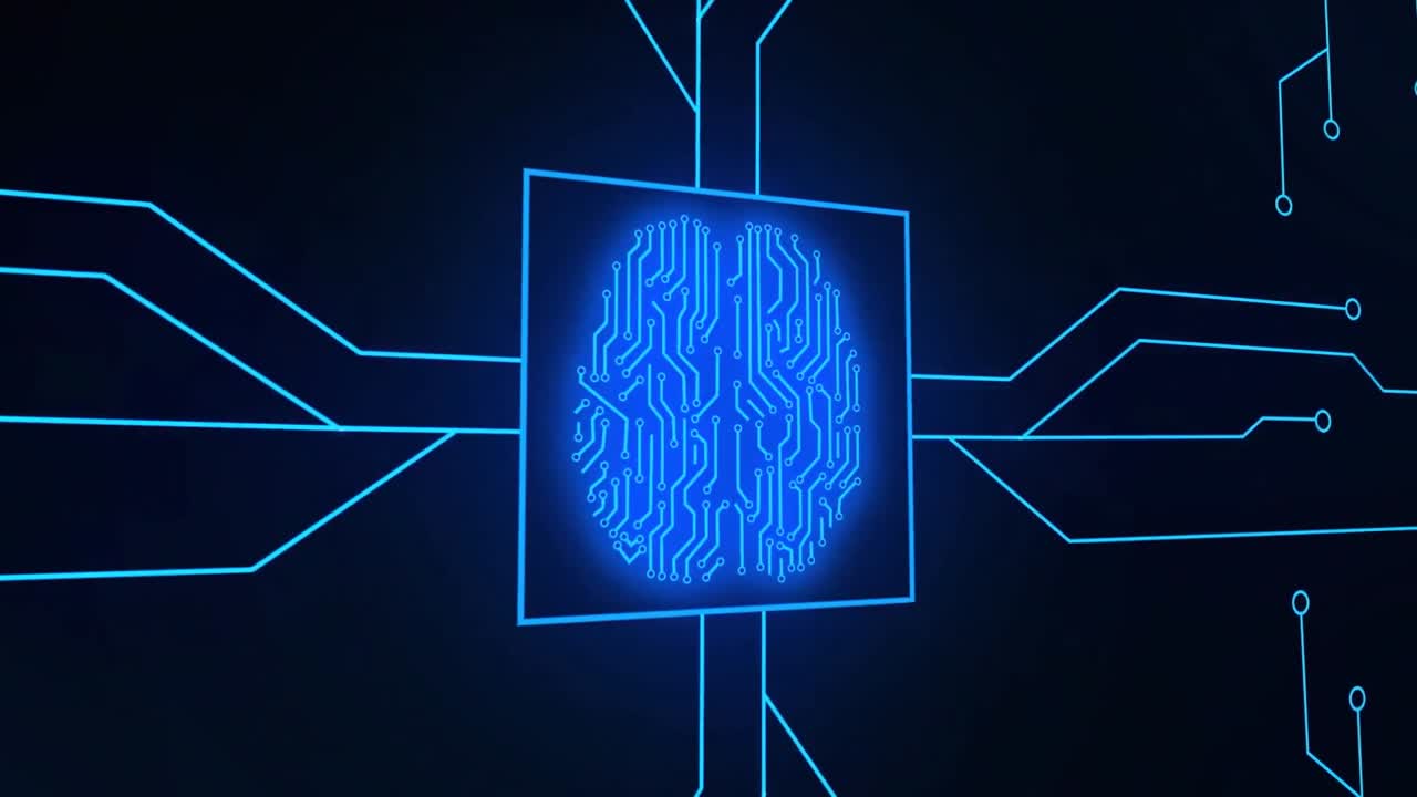 Animation of blue network of connections and brain over black background