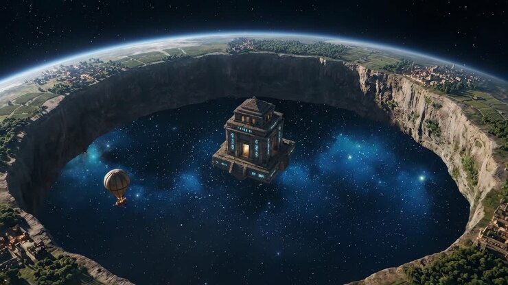 Surreal Planet with a Cosmic Crater and Floating Ancient Temple