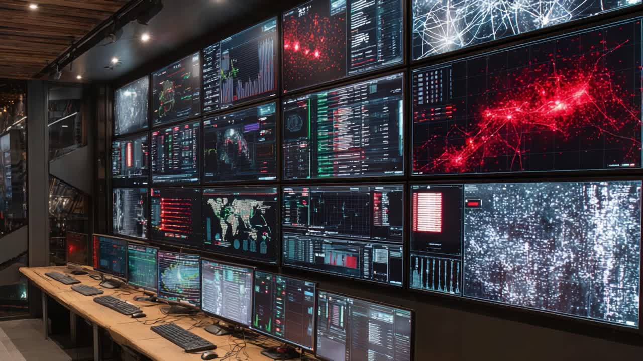 Un centro di controllo dinamico con monitor multipli che mostrano analisi e visualizzazioni dei dati, presentando cybersecurity, traffico di rete e flusso globale di informazioni