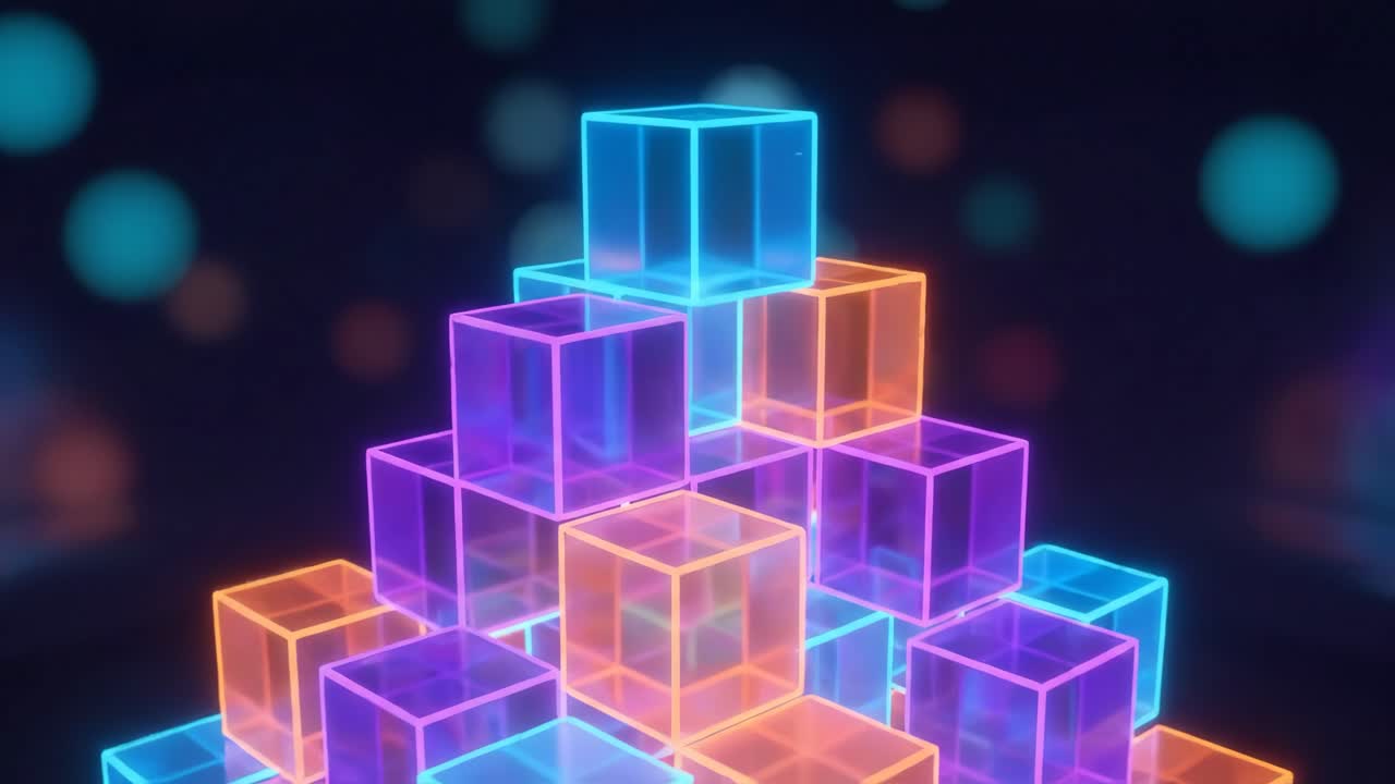 Glowing Neon Cubes Stacked in a Futuristic Pyramid with Light Burst