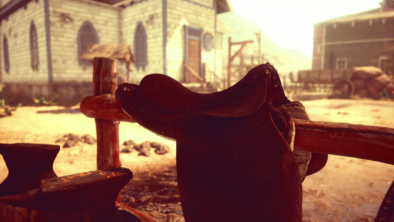 Saddle hanging on wooden fence in a rustic western town during sunset