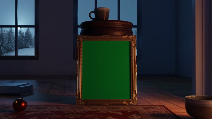Zooming in a golden picture frame with green screen next to a fireplace illuminated from moonlight