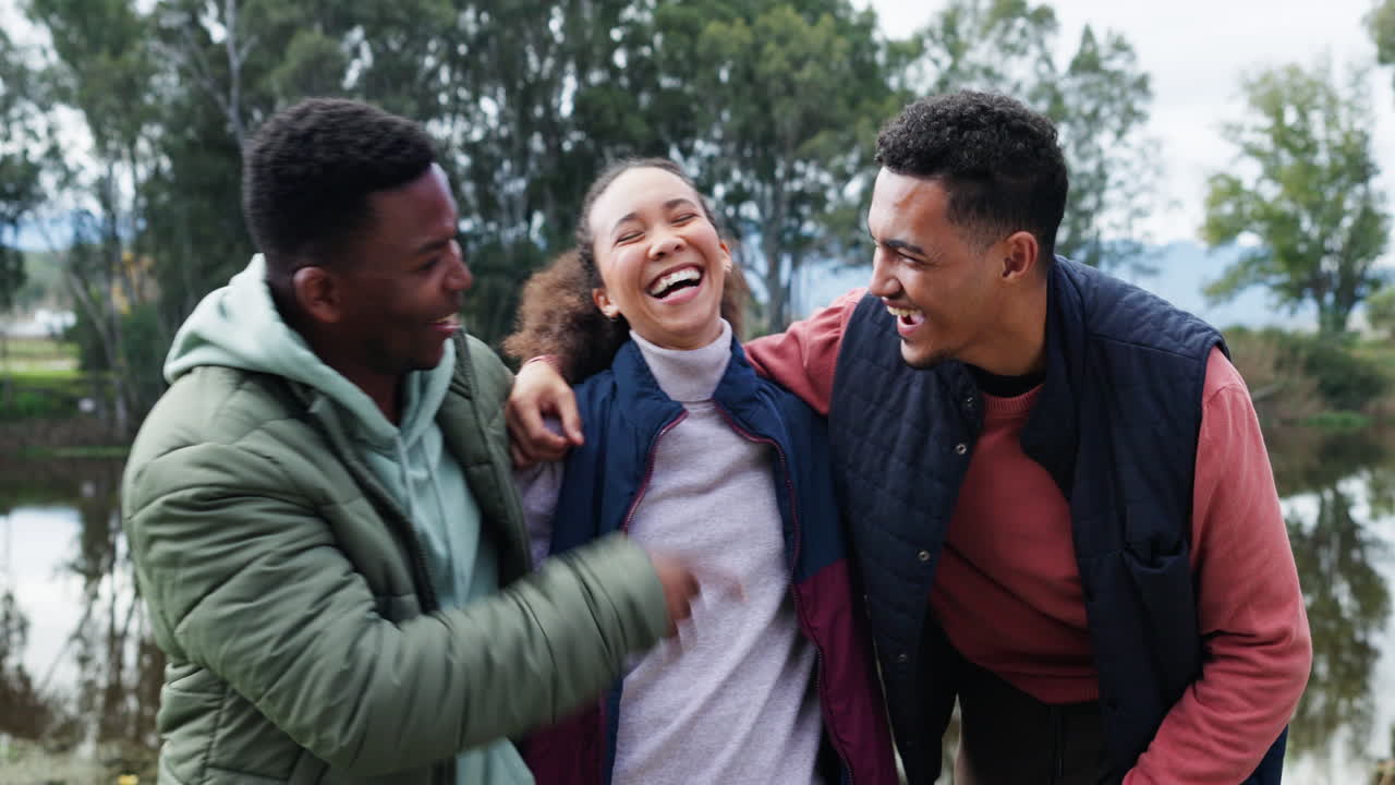 Friends, camping and group laughing with a smile