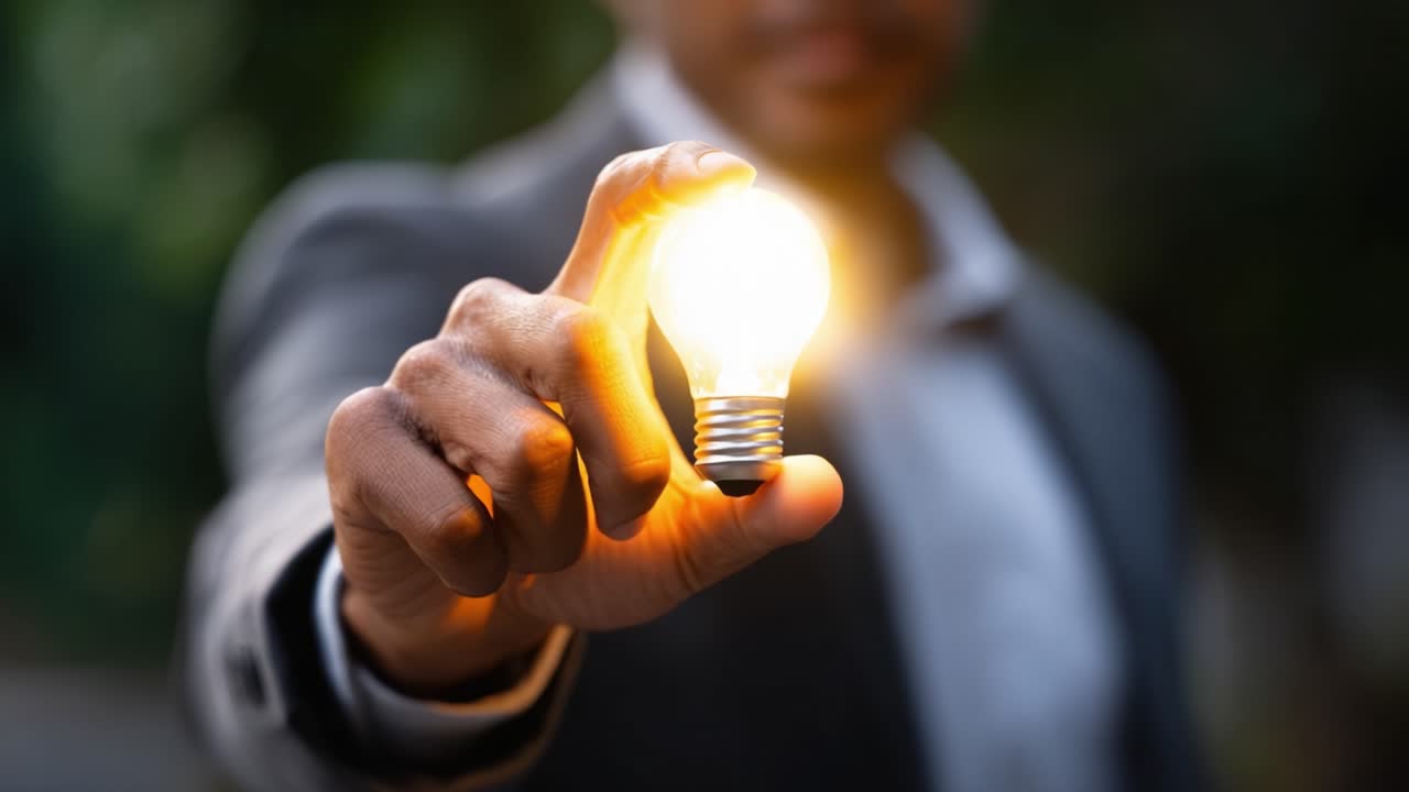 A person holding a glowing light bulb with a soft focus background, representing ideas, innovation, and creativity in a professional setting. Inspiration captured