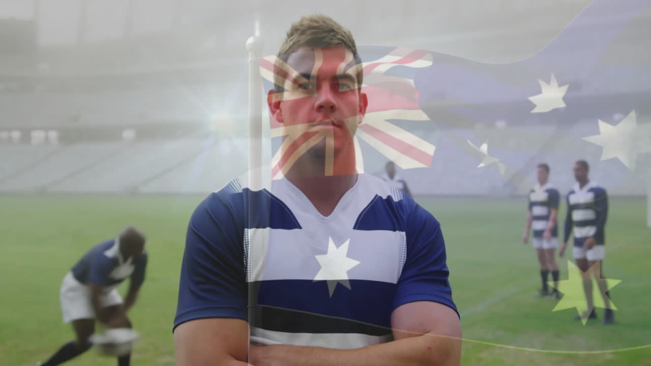 Standing confidently on field, rugby player with Australian flag animation overlay