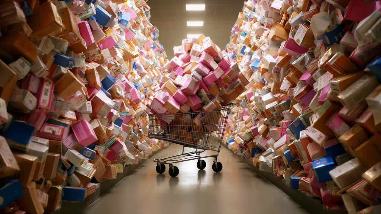 A Staggering Display of Boxes in a Warehouse Aisle, Featuring a Shopping Cart Amidst a Sea of Colorful Packages Creating an Impressive Yet Chaotic Arrangement