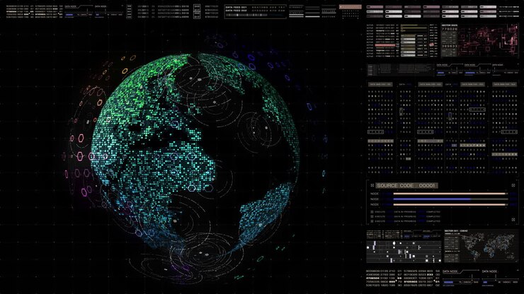 Futuristic global 5G communication via broadband internet connections between cities around the world with matrix particles continent map for head up display background