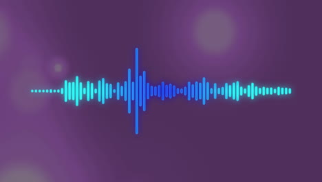 animation of glowing blue line audio level meter over bokeh light spots on purple background